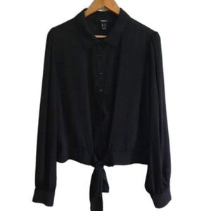 Forever 21 Plus Womens Size 3X Button Up Tie Front Semi-Sheer Black  LS Blouse